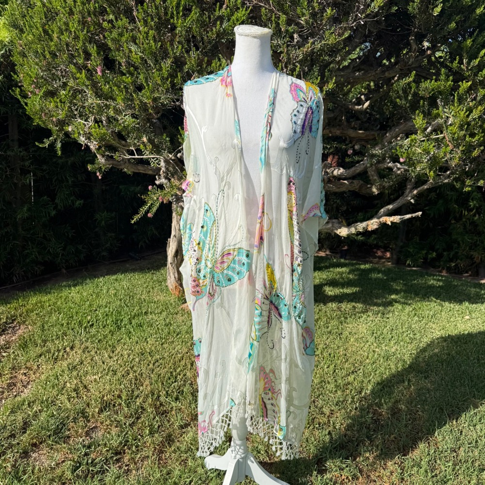 Butterfly Silk Blend Kimono Wrap Beaded Fringe OS Pinky Otto Sparkle The World